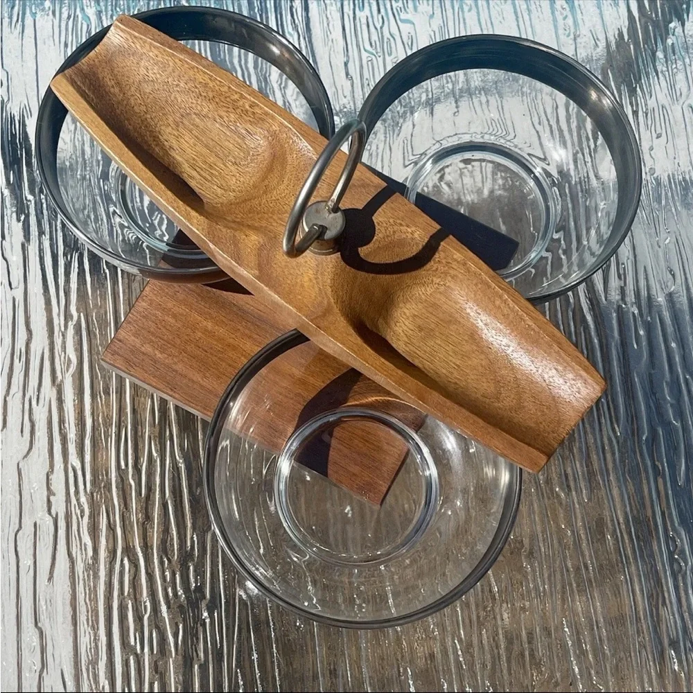 Vernco Gunstock Vintage 70's Walnut Wood Glass Serving Condiment‎ Lazy Susan